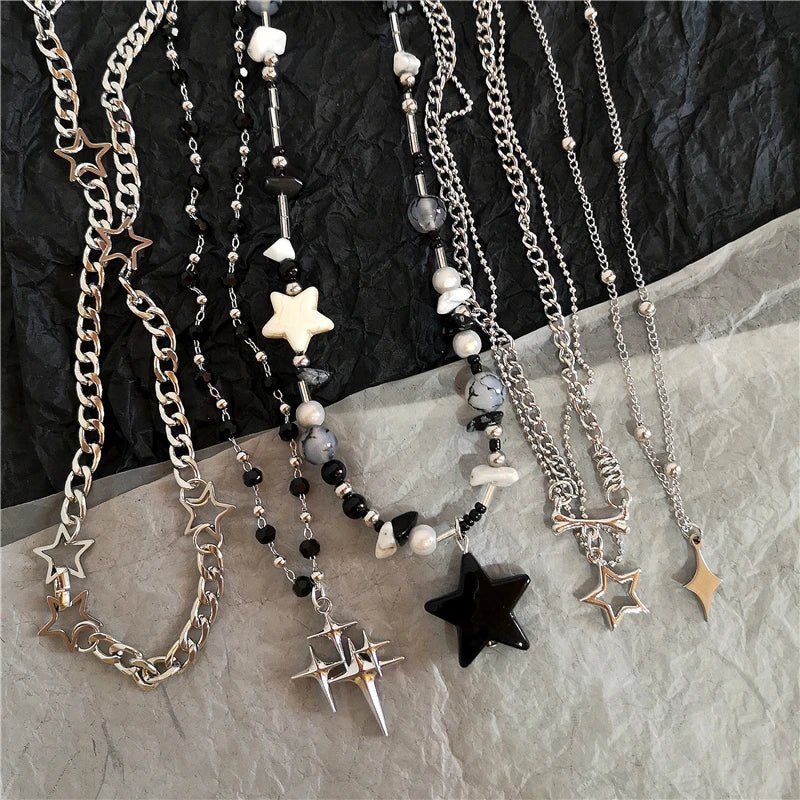 New Style Trends - Cosmic Noir Layered Y2k Necklace Set - Outfit Ideas