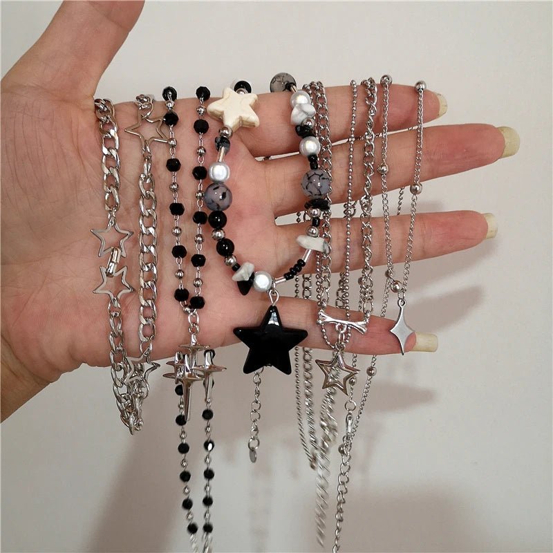 New Style Trends - Cosmic Noir Layered Y2k Necklace Set - Outfit Ideas