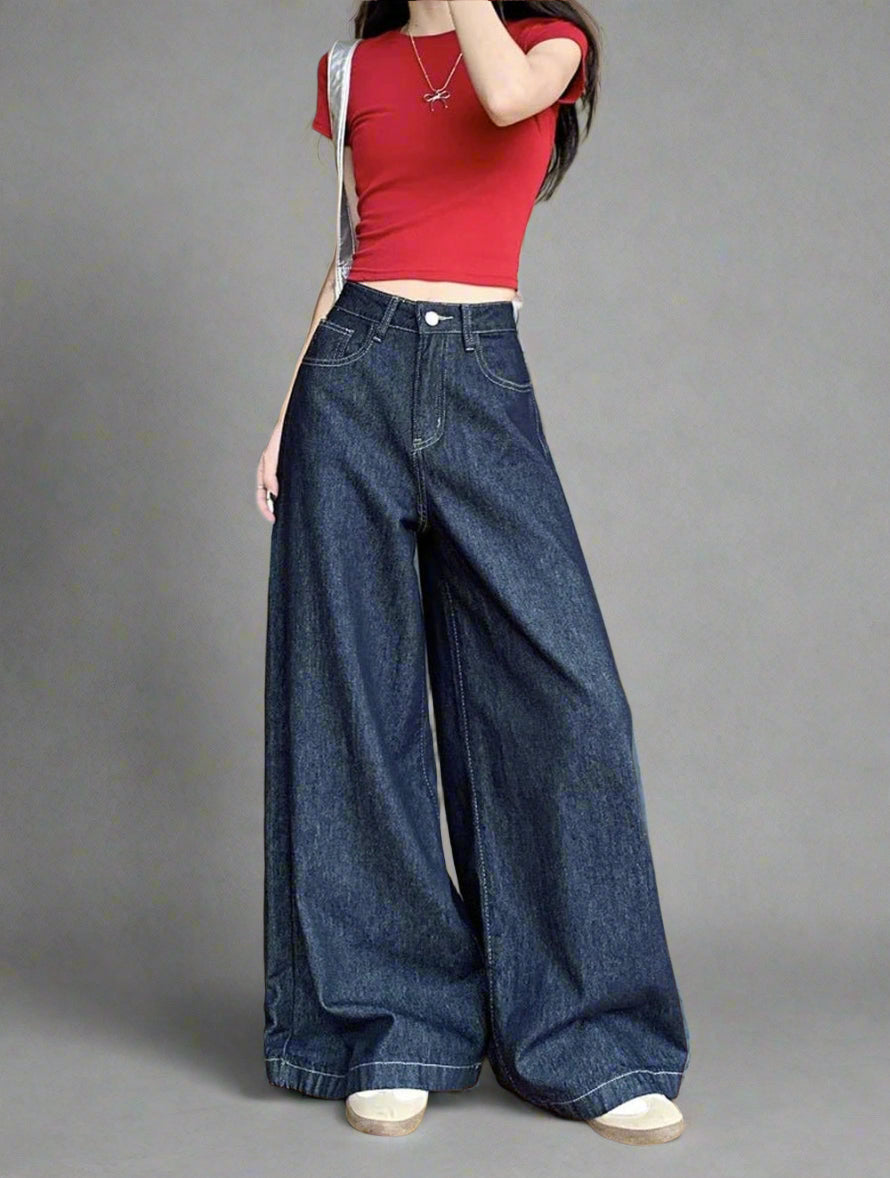 New Style Trends - Dark Wash Wide-Leg Y2k Denim Jeans - Outfit Ideas