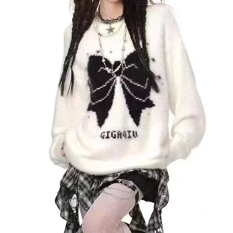 New Style Trends - Edgy Bow Fuzzy Knit Sweater - Outfit Ideas