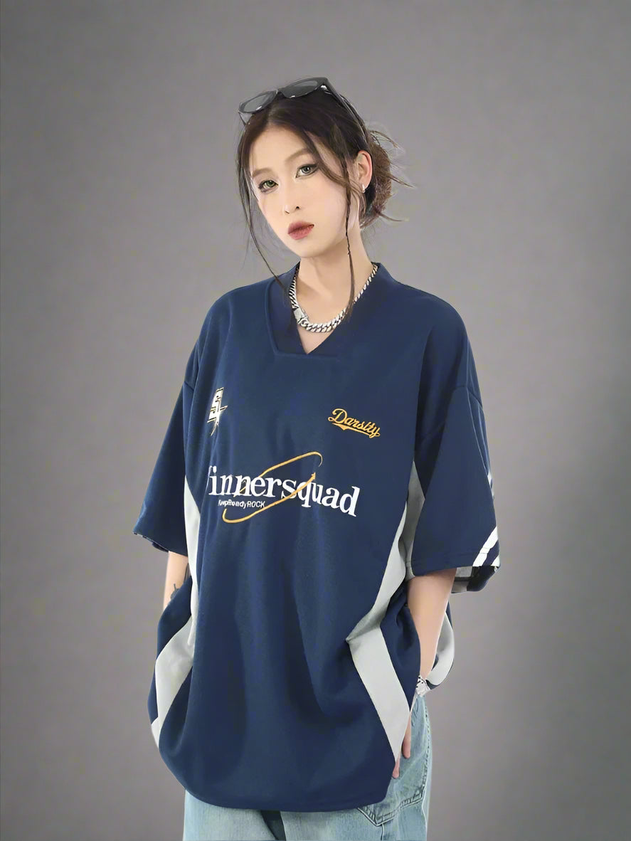 New Style Trends - Edgy Oversized Varsity Sport Jersey Top - Outfit Ideas