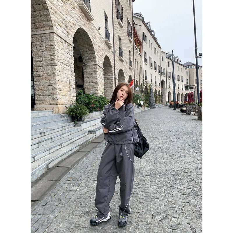 New Style Trends - Gray Wave Piped Y2k Jogger Outfit Set - Outfit Ideas