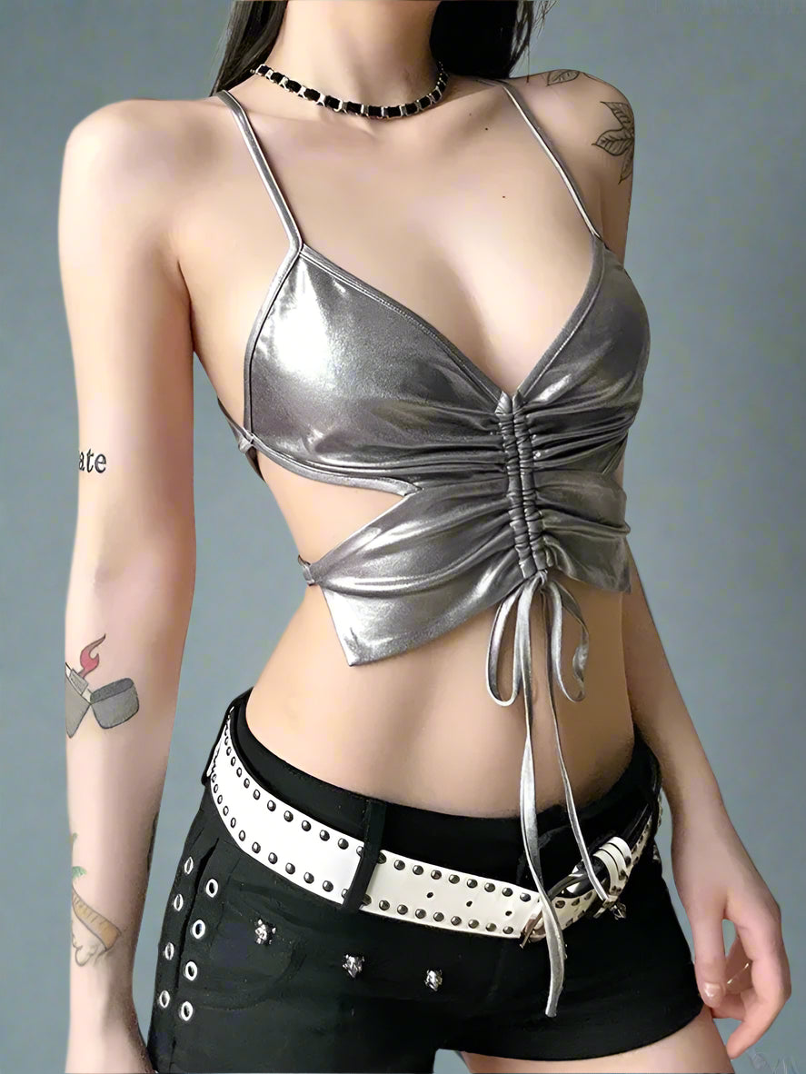 New Style Trends - Lunar Rush Metallic Drawstring Y2k Crop Top - Outfit Ideas
