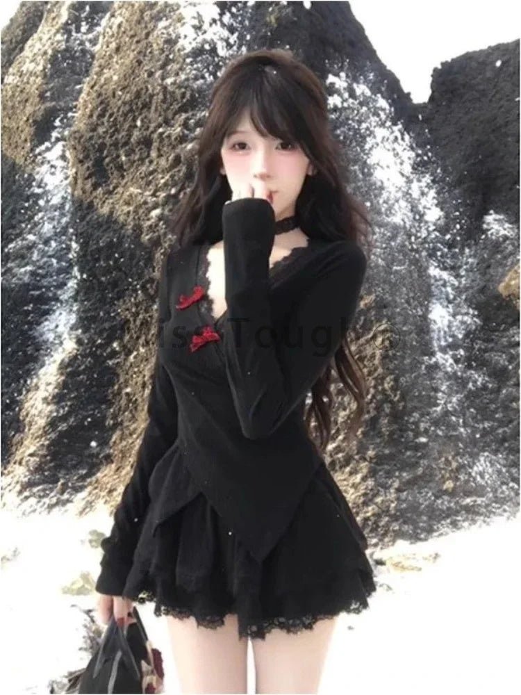 New Style Trends - Midnight Doll Goth Long Sleeve Lace Set - Outfit Ideas