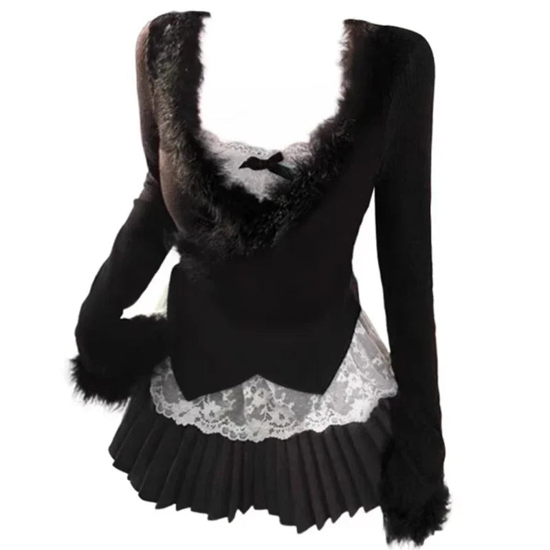 New Style Trends - Midnight Elegance Alt Fur-Trim Outfit Set - Outfit Ideas