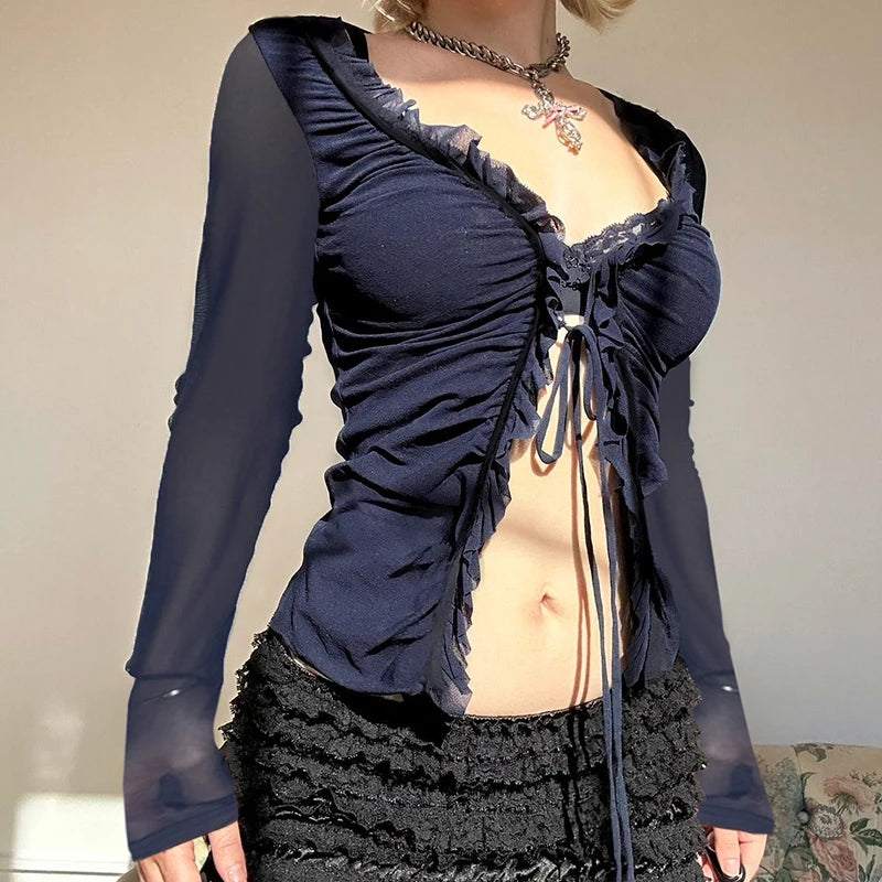 New Style Trends - Noir Ruched Lace Blouse - Outfit Ideas