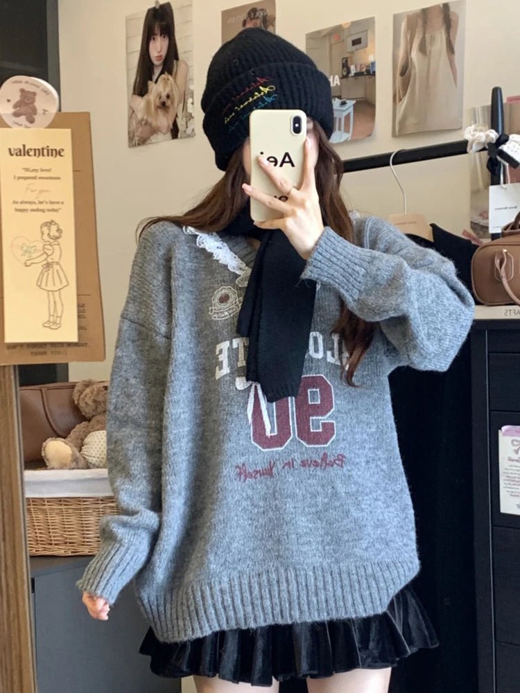New Style Trends - Pink Lace-Trim Retro Graphic Knit Sweater - Outfit Ideas