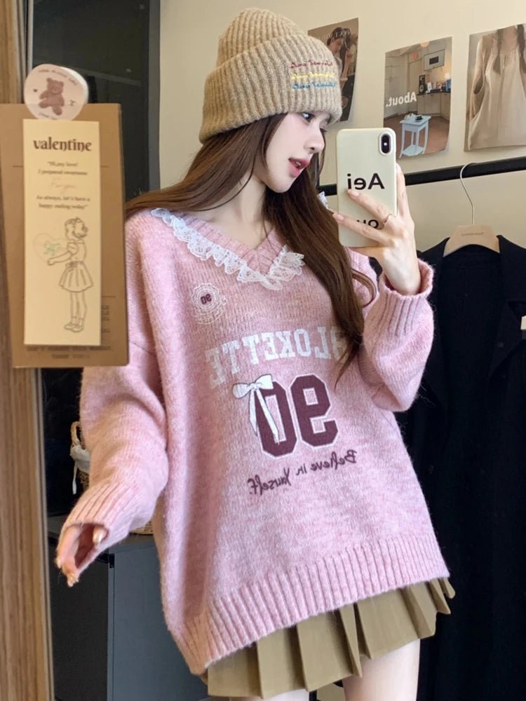New Style Trends - Pink Lace-Trim Retro Graphic Knit Sweater - Outfit Ideas