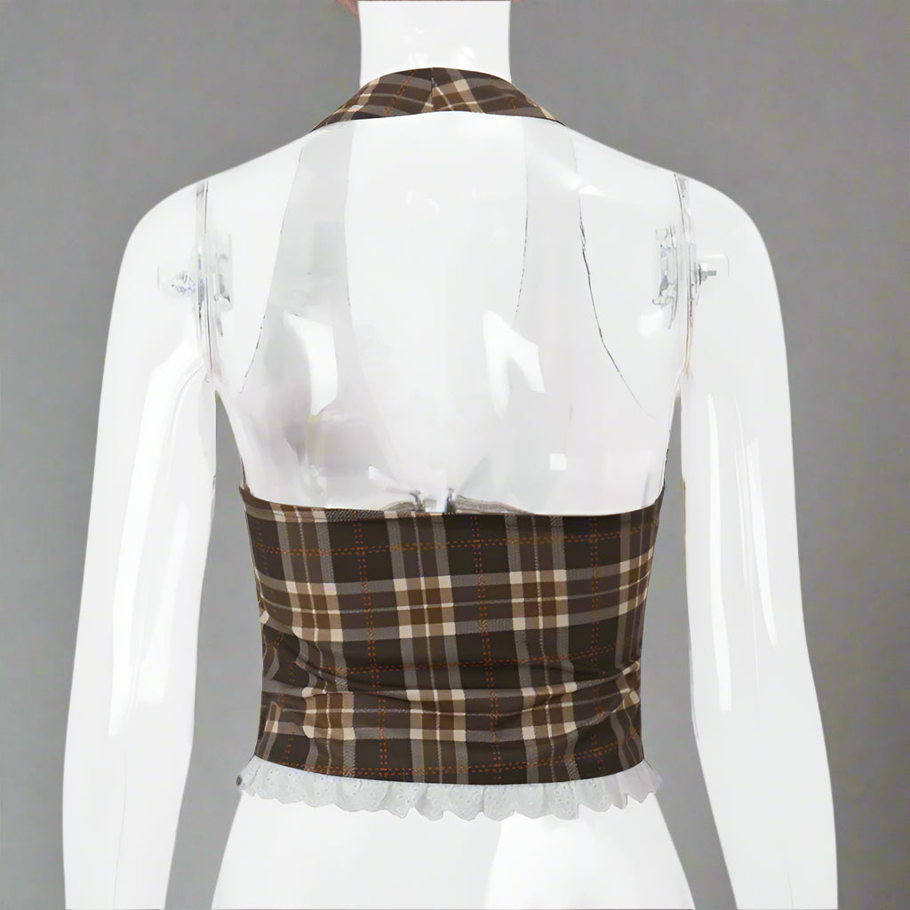 New Style Trends - Plaid Lace Trim Corset Retro Crop Top - Outfit Ideas