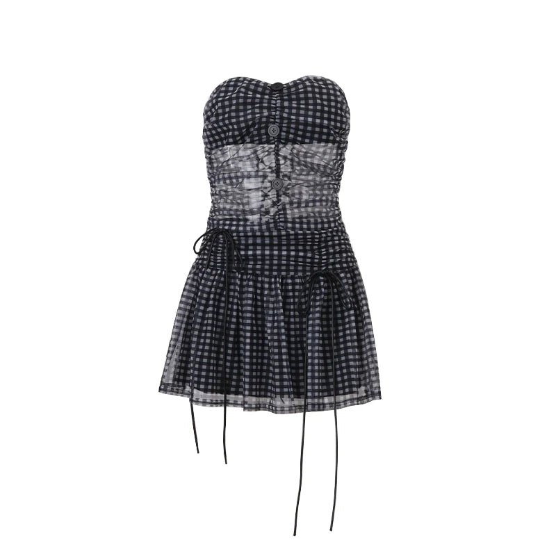 New Style Trends - Plaid Mesh Strapless Retro Skirt Outfit Set - Outfit Ideas
