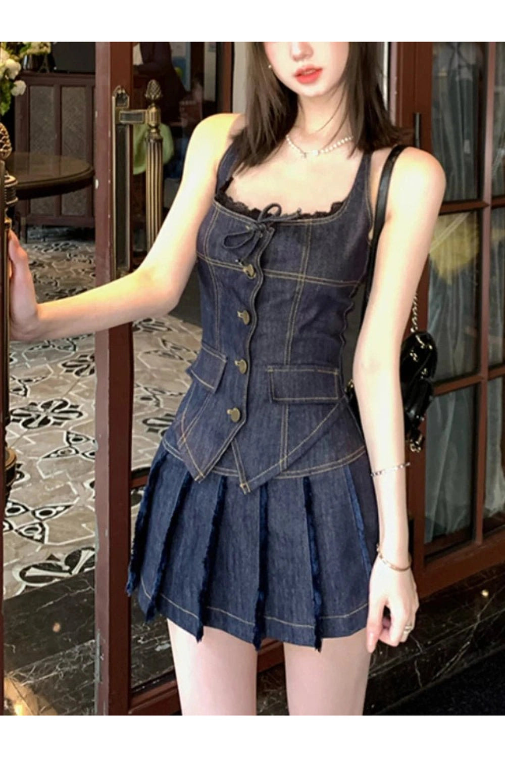 New Style Trends - Retro Lace-Up Indigo Mini Set - Outfit Ideas