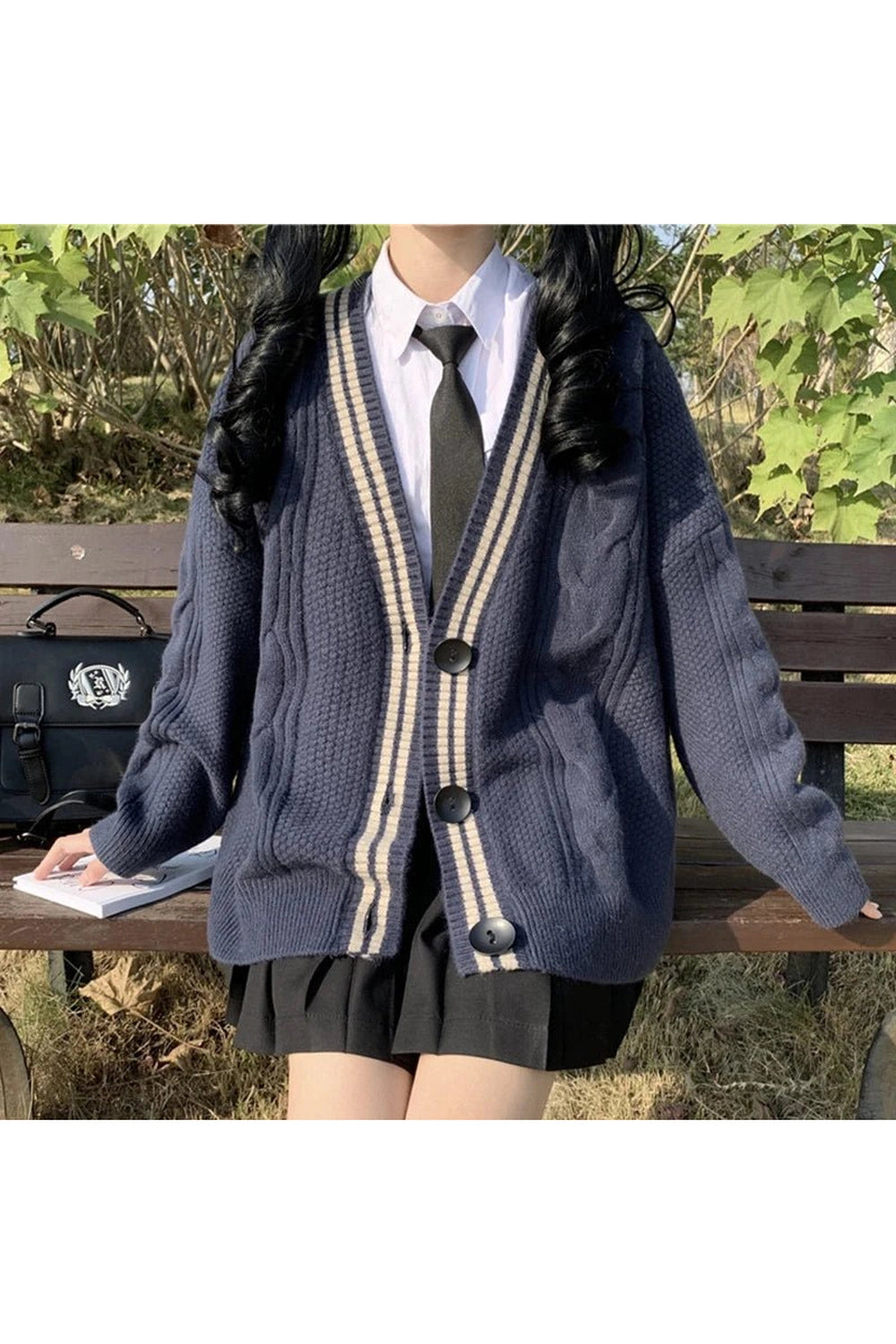 New Style Trends - Retro Navy Preppy Varsity Cardigan - Outfit Ideas