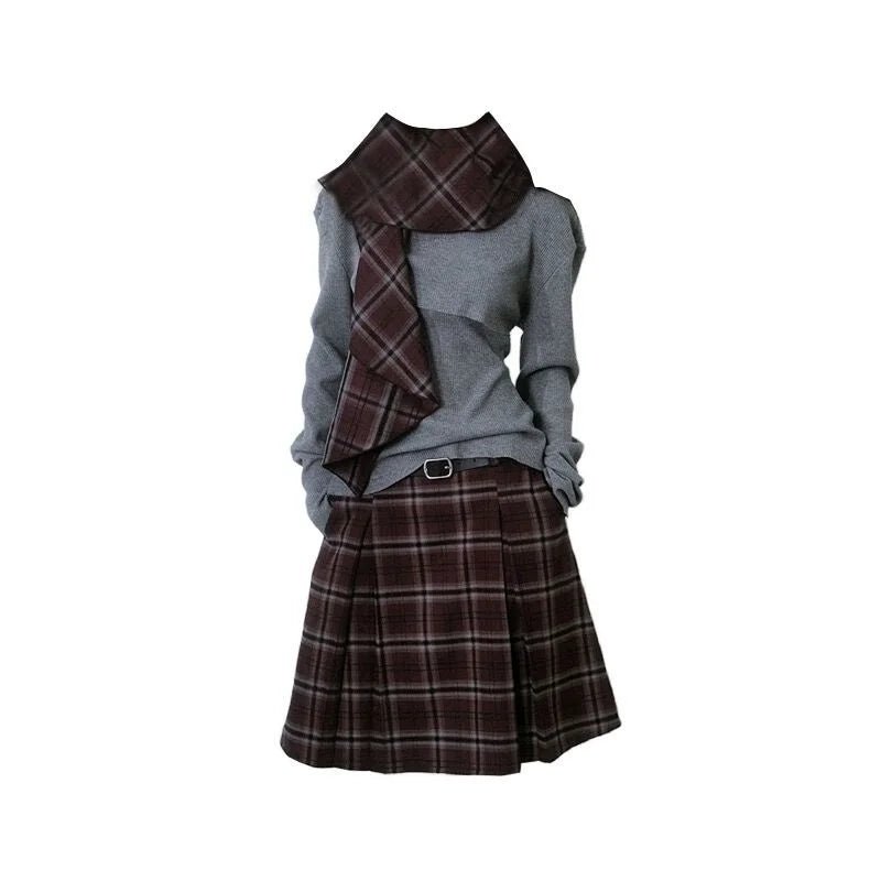 New Style Trends - Retro Plaid Scarf Outfit Set - Outfit Ideas