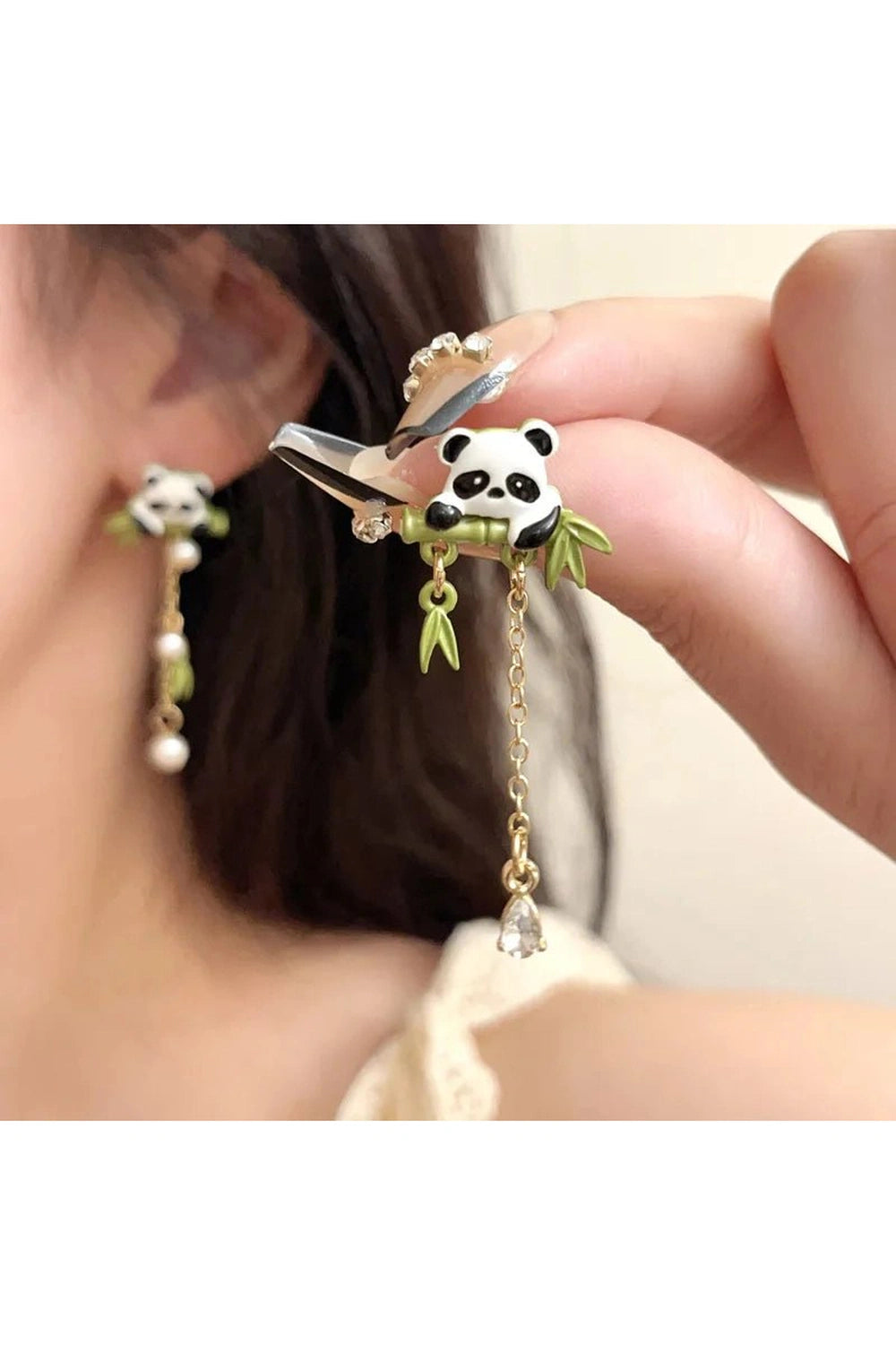 New Style Trends - Retro Playful Panda Drop Earring with Bamboo Charm - Outfit Ideas