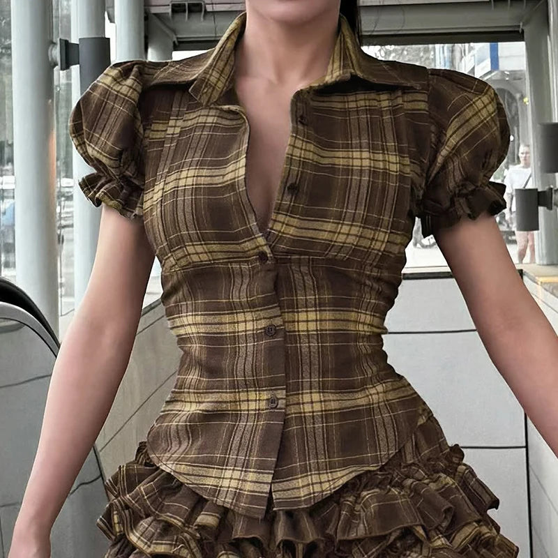 New Style Trends - Retro Puff Sleeve Plaid Cinch Shirt - Outfit Ideas