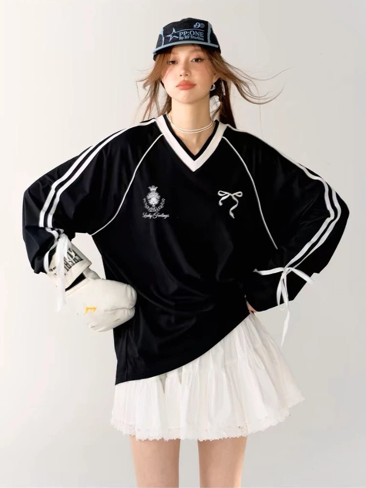 New Style Trends - Ribbon Play Aesthetic Oversized Jersey Top - Outfit Ideas
