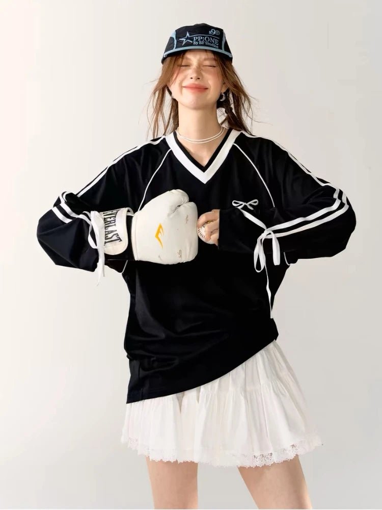 New Style Trends - Ribbon Play Aesthetic Oversized Jersey Top - Outfit Ideas