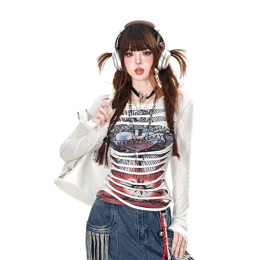 New Style Trends - Ripped Reality Print Edgy Long Sleeve Top - Outfit Ideas