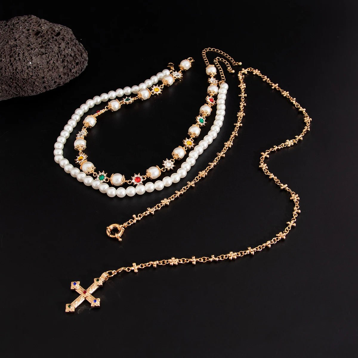 New Style Trends - Royal Pearl Cross Layered Aesthetic Necklace - Outfit Ideas