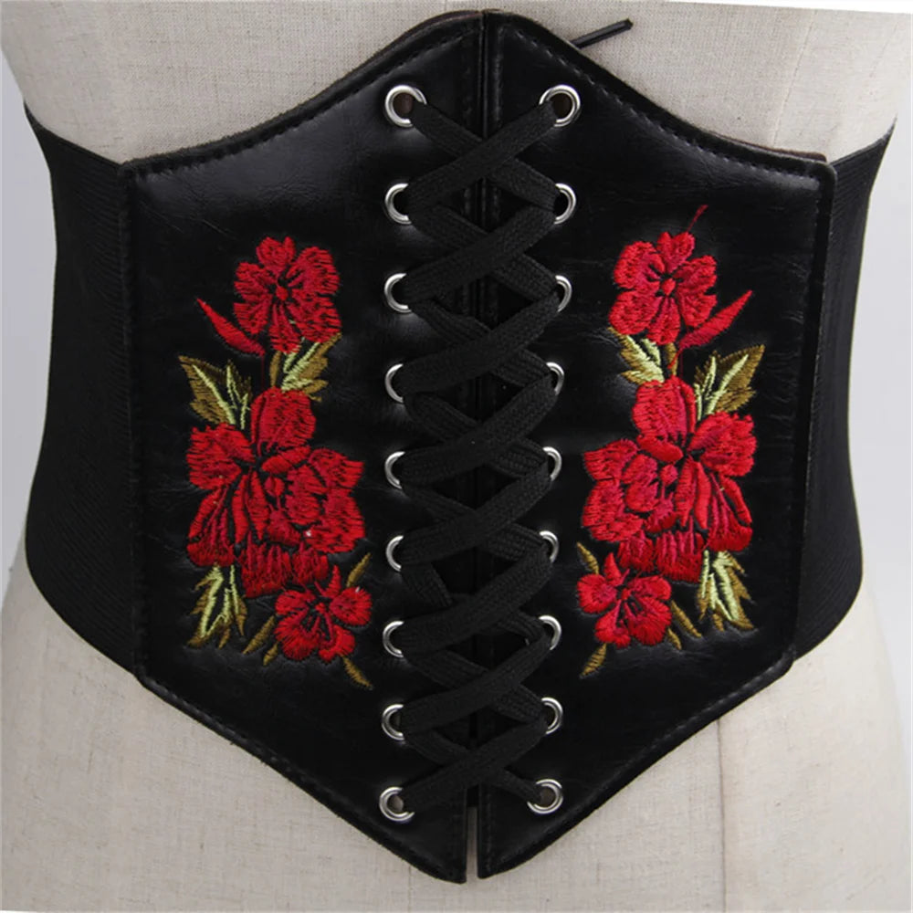 New Style Trends - Scarlet Bloom Embroidered Corset Goth Belt - Outfit Ideas