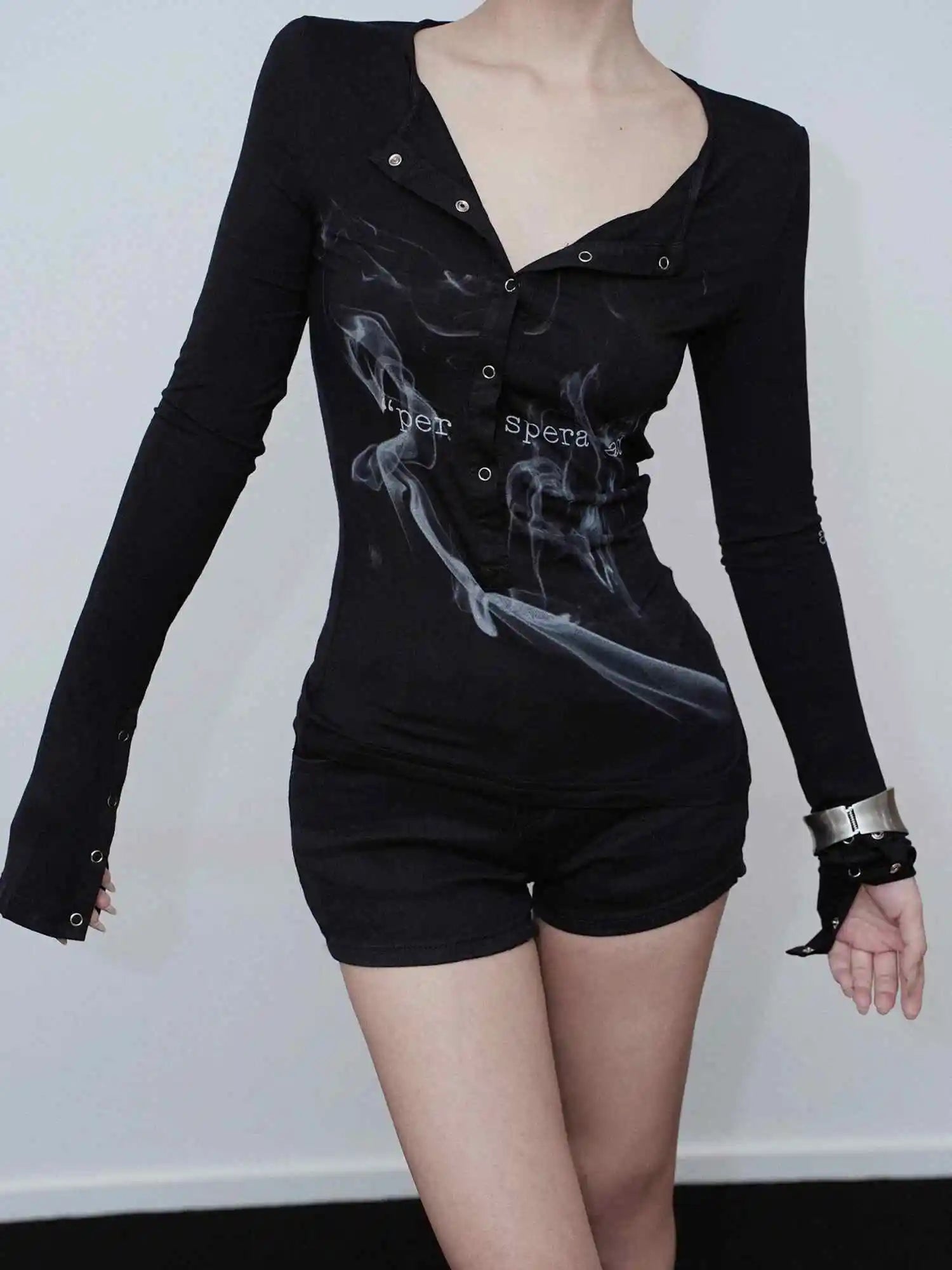 New Style Trends - Smoke Print Alt Goth Long Sleeve Top - Outfit Ideas