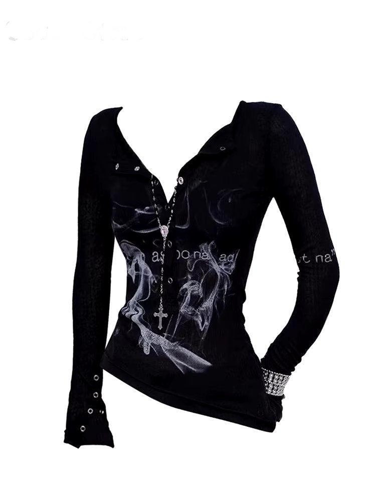 New Style Trends - Smoke Print Alt Goth Long Sleeve Top - Outfit Ideas