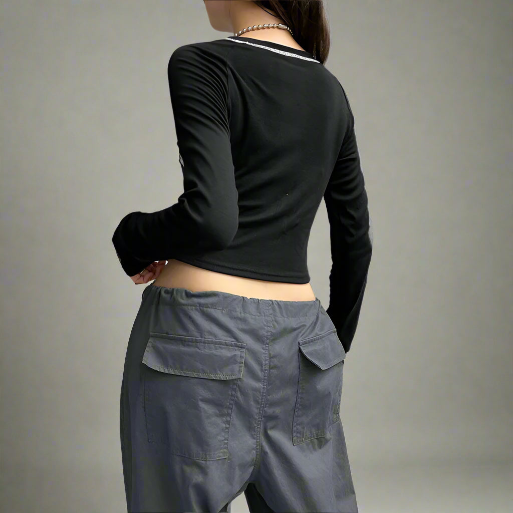 New Style Trends - Speedcore Contrast Stitch Y2k Long Sleeve Top - Outfit Ideas