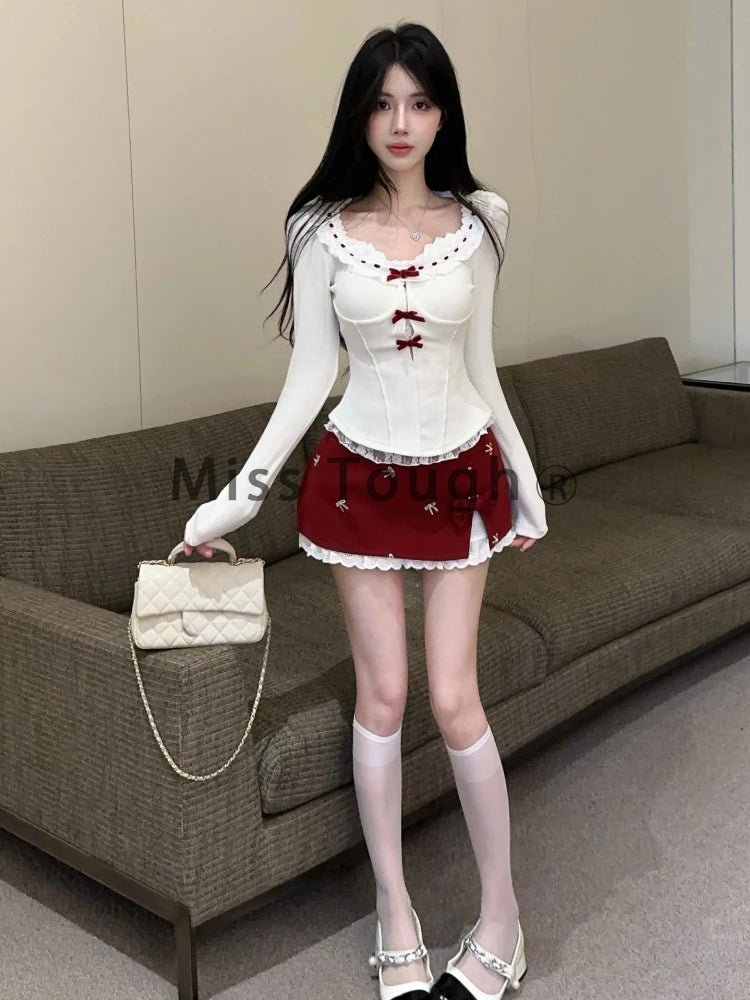 New Style Trends - Sweetheart Ribbon Alt Lace Long Sleeve Outfit Set - Outfit Ideas