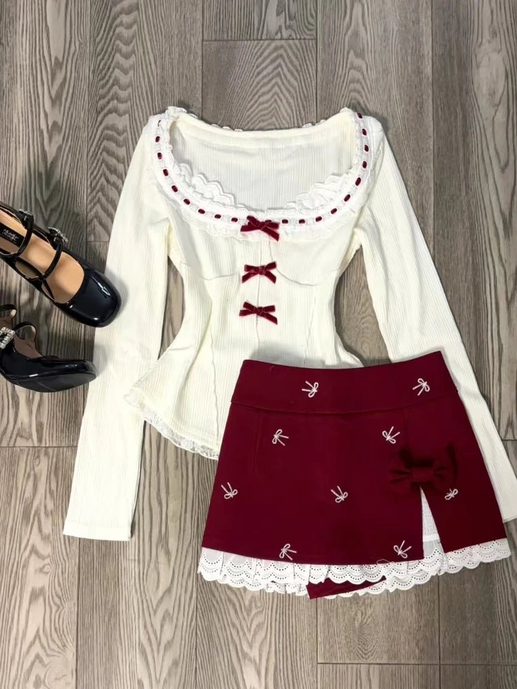 New Style Trends - Sweetheart Ribbon Alt Lace Long Sleeve Outfit Set - Outfit Ideas