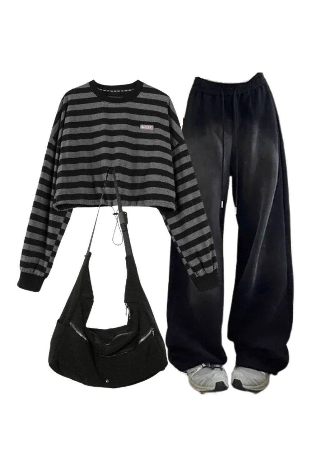 New Style Trends - Y2k Outfit: Baggy Y2K Grunge Sweatpants+Striped Drawstring Women's Sweatshirt+High Quality Nylon Shoulder Bag - Outfit Ideas