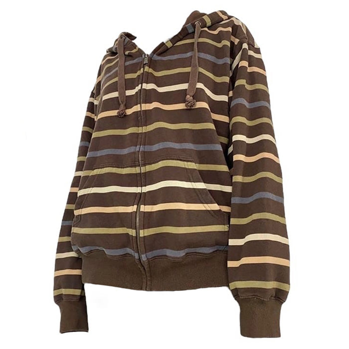 Style Core Aesthetics, New Style Trends - 90s Striped Zip Up Hoodie