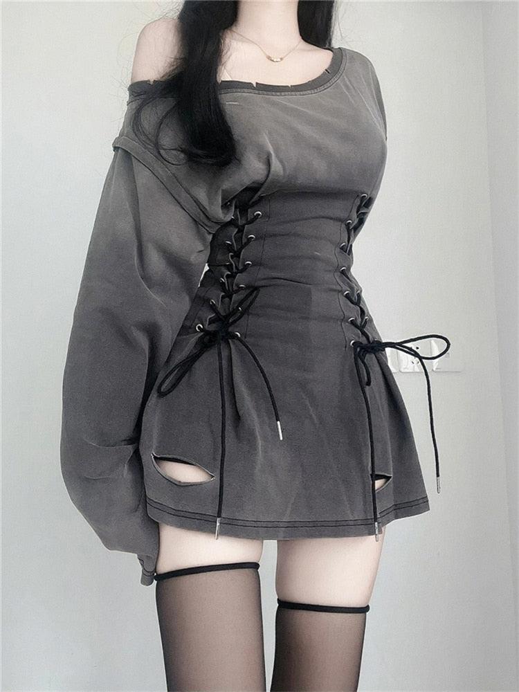 Style Core Aesthetics, New Style Trends - Acubi Smoke Lace Up Mini Dress