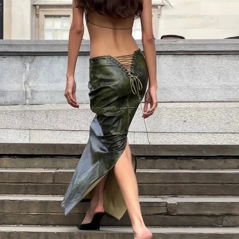 Style Core Aesthetics, New Style Trends - Baddie Leaf Lace Up Split Maxi Skirt