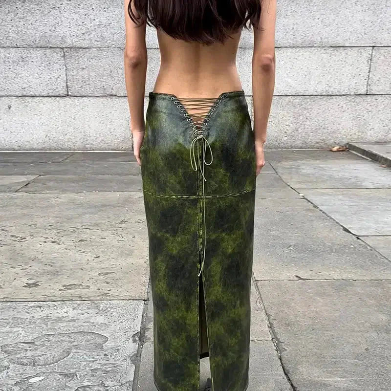 Style Core Aesthetics, New Style Trends - Baddie Leaf Lace Up Split Maxi Skirt