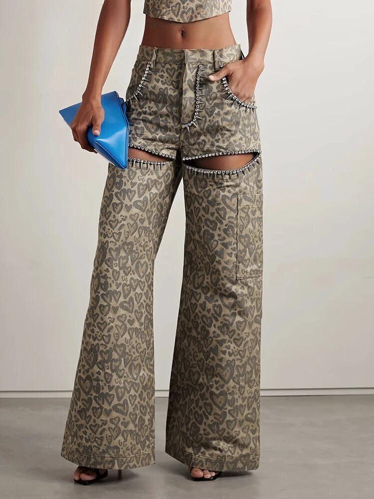 Style Core Aesthetics, New Style Trends - Baddie Leopard Embellished Cut Out Pants