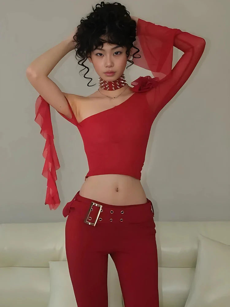 Style Core Aesthetics, New Style Trends - Baddie Rose One Shoulder Mesh Top