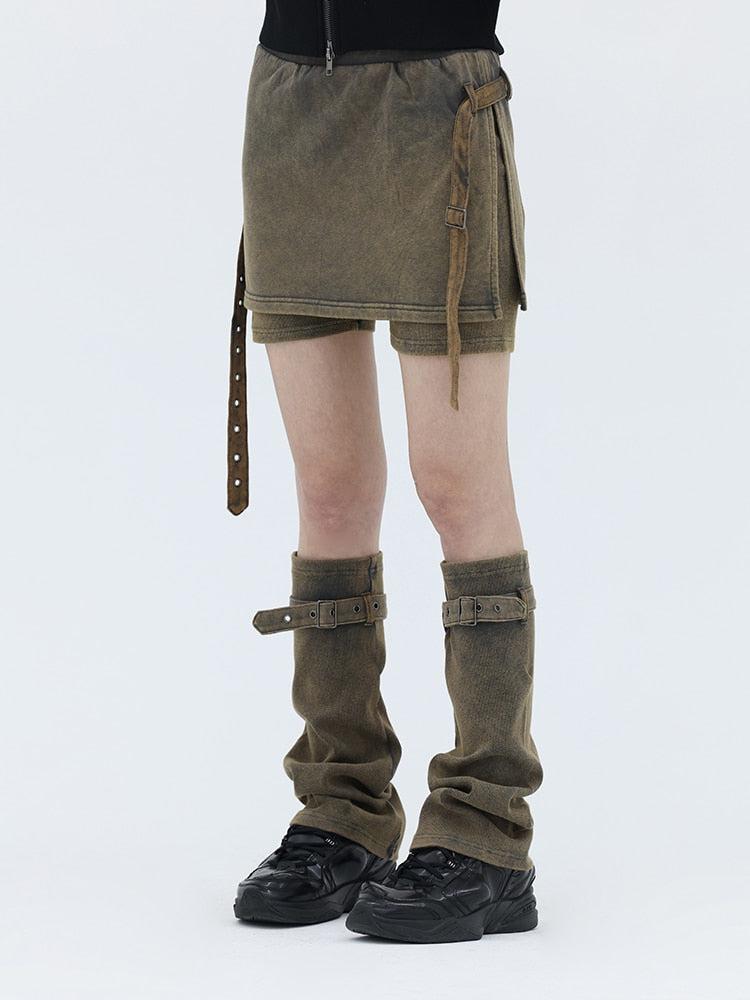 Style Core Aesthetics, New Style Trends - Belt Detail Denim Mini Skort With Leg Warmer