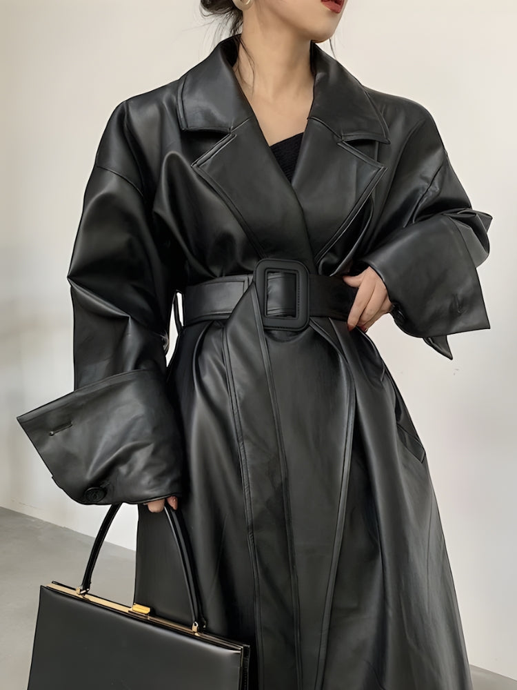 Style Core Aesthetics, New Style Trends - Belted Faux Leather Coat