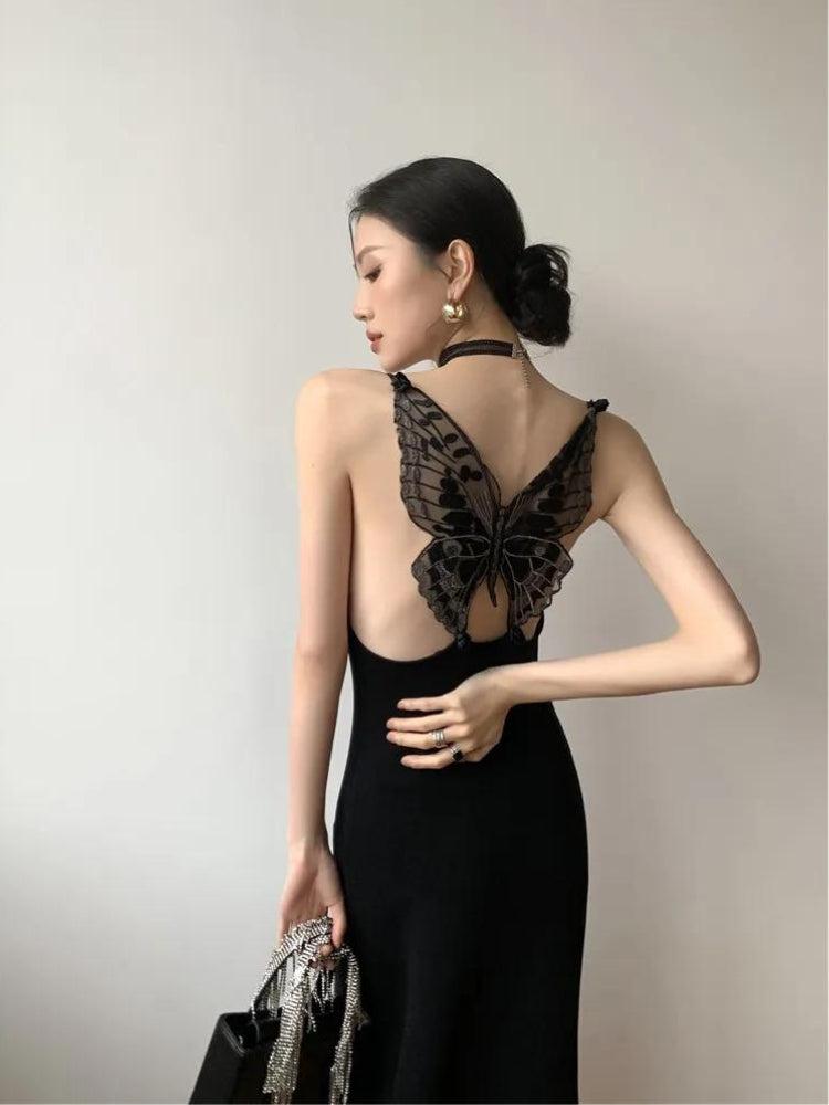 Style Core Aesthetics, New Style Trends - Black Butterfly Back Midi Dress