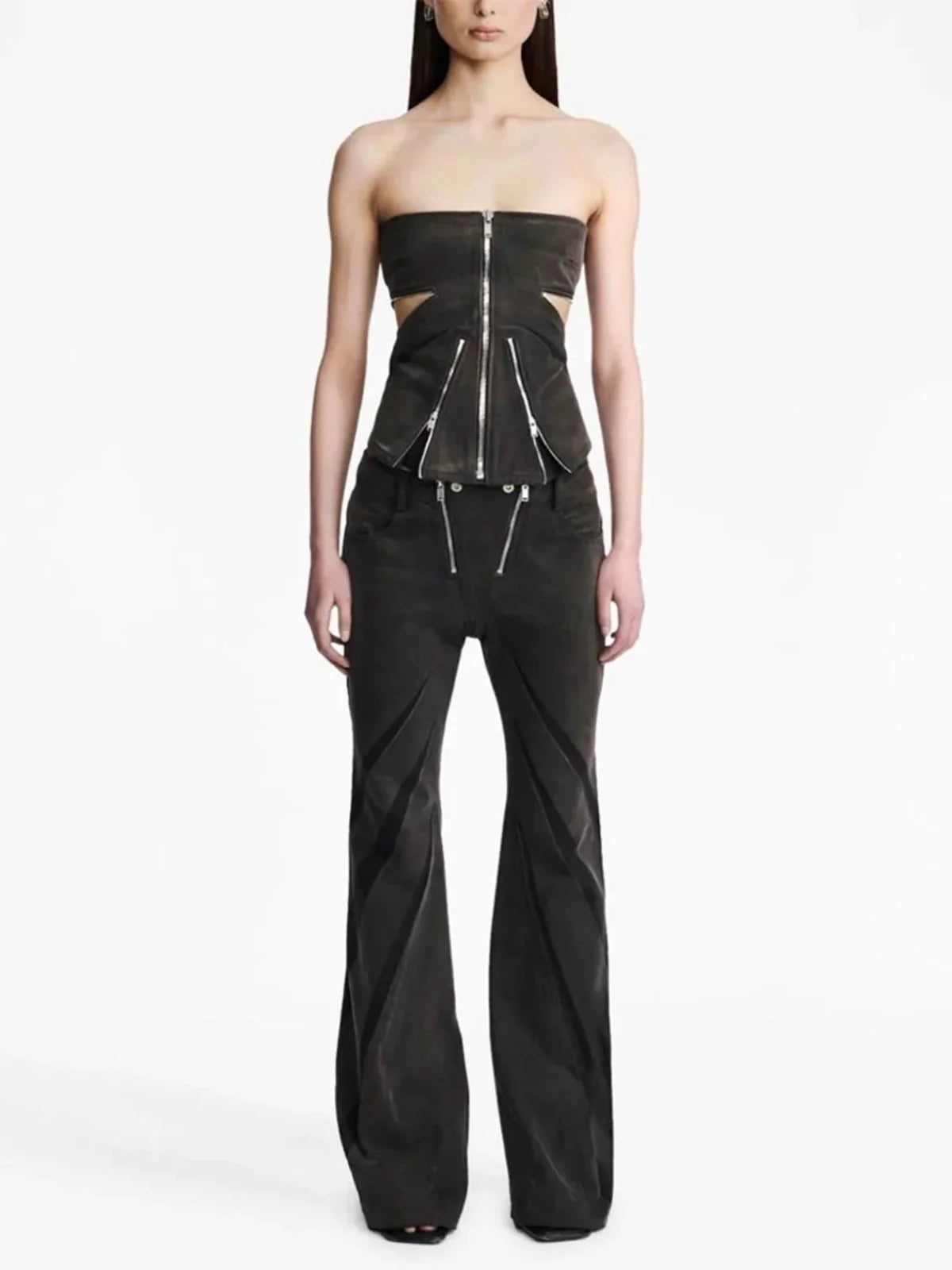 Style Core Aesthetics, New Style Trends - Black Denim Tube Top & Patch Jeans Two Piece Set