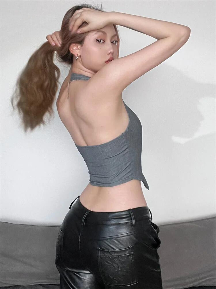Style Core Aesthetics, New Style Trends - Buttoned Crop Halter Top