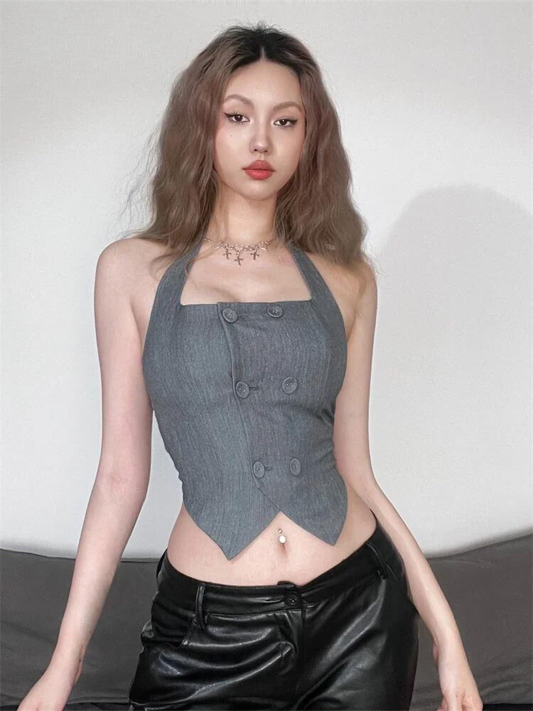 Style Core Aesthetics, New Style Trends - Buttoned Crop Halter Top