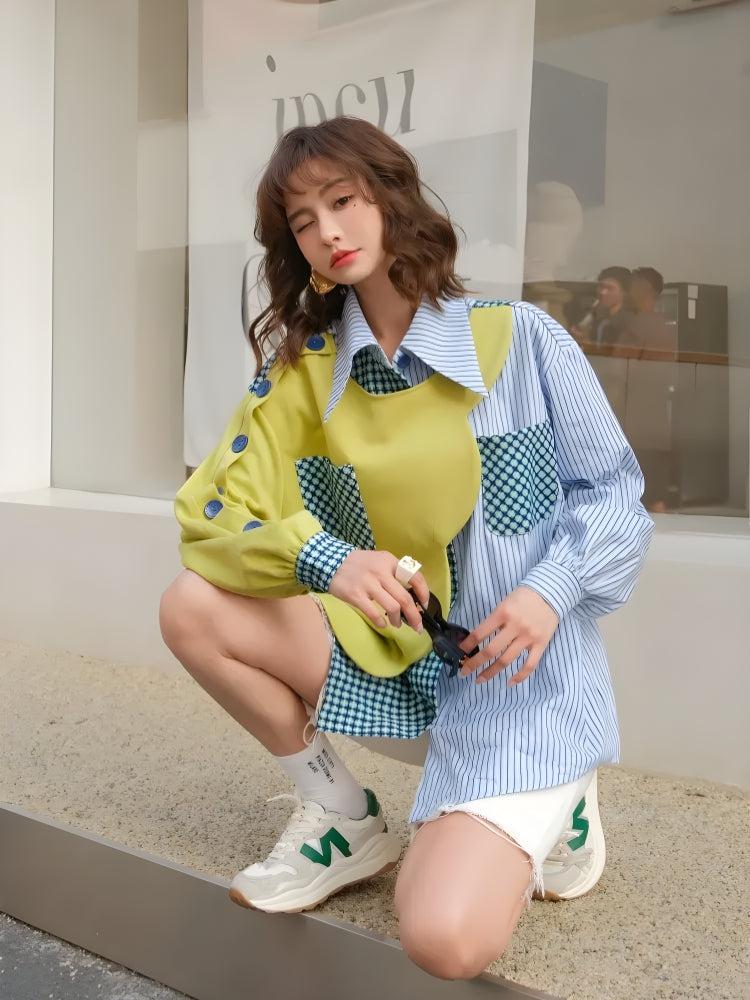 Style Core Aesthetics, New Style Trends - Buttoned Sleeved Patchwork Shirt