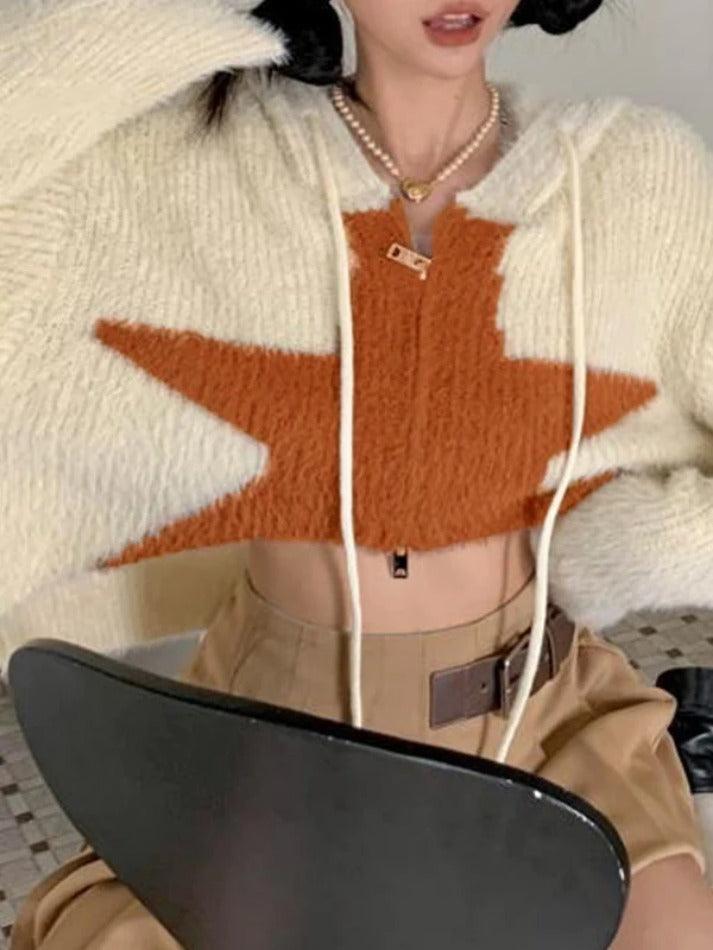 Style Core Aesthetics, New Style Trends - Cardigan ample court à capuche étoilé