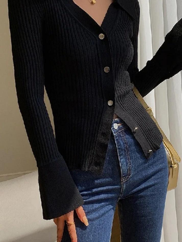 Style Core Aesthetics, New Style Trends - Cardigan côtelé à col en V avec boutons en métal de couleur unie