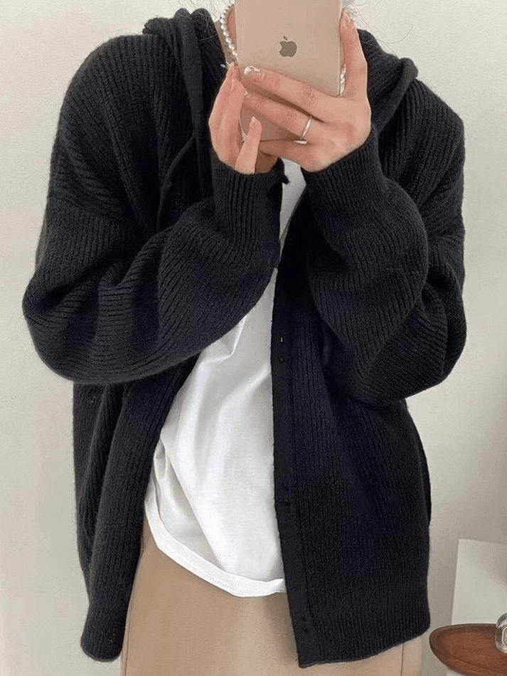 Style Core Aesthetics, New Style Trends - Cardigan en tricot à capuche boutonné sur le devant