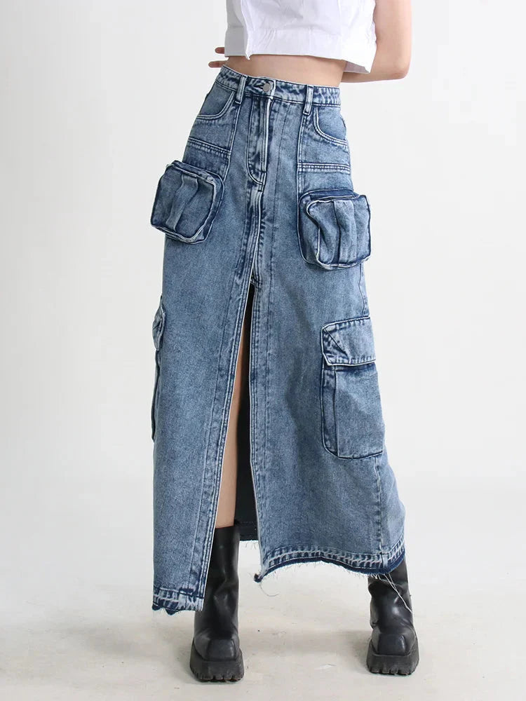Style Core Aesthetics, New Style Trends - Cargo Split Denim Midi Skirt