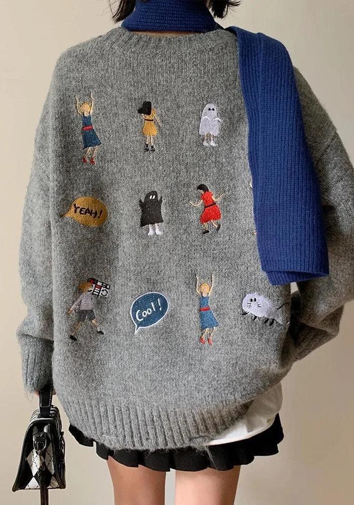 Style Core Aesthetics, New Style Trends - Cartoon Embroidered Knitted Sweater