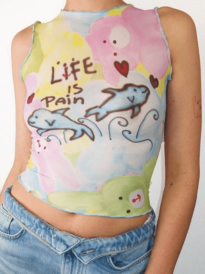 Style Core Aesthetics, New Style Trends - Cartoon Print Mesh Tank Top