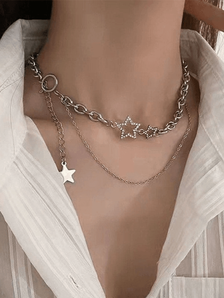 Style Core Aesthetics, New Style Trends - Collier Chaîne Superposée à Décor d'Étoile Strassée